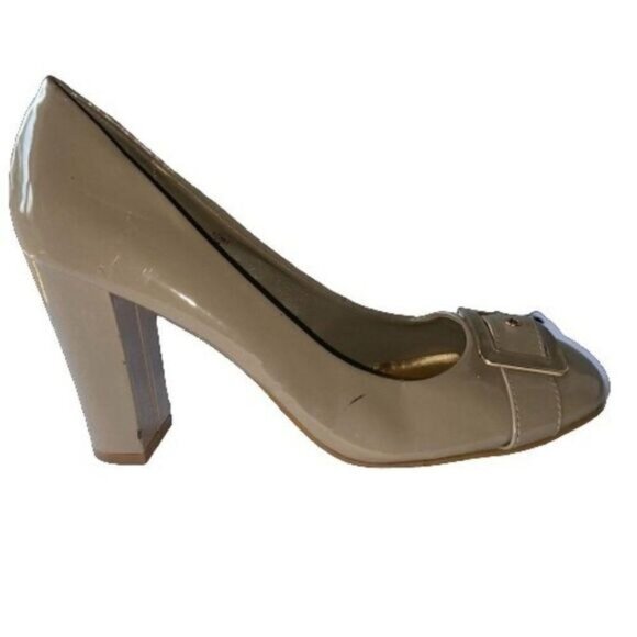 Dexter Classic Patent Taupe Pumps Chunky Block‎ Heels Accent Buckle Dress shoes - Picture 3 of 11